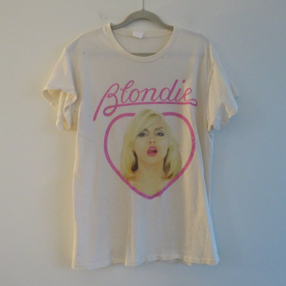 MADEWORN Blondie Distressed Pink Glitter Off White Cotton Graphic Tee T Shirt M - Picture 2 of 14